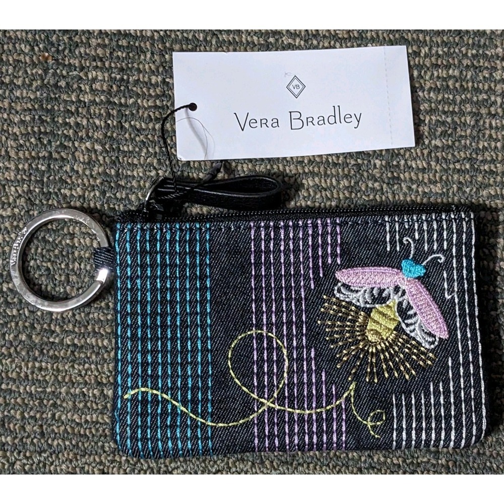 Vera Bradley Iconic Zip ID Case Firefly Denim Navy Moonlight Garden Embroidered